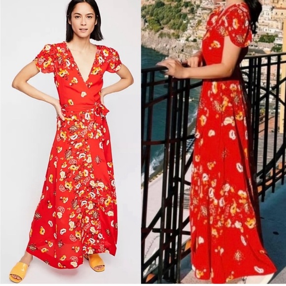 Free People Jess Floral Wrap Maxi Dress Flower Size M Boho Flowy Frill Red - Picture 3 of 11